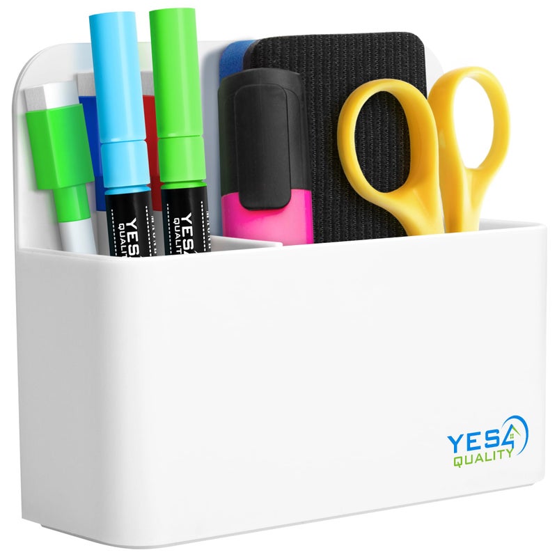 YES4QUALITY Magnetic Pen Holder with Strong Magnetic Back & 2 Compartments, Dry Erase Marker Holder for Whiteboard, Fridge & Locker, White Pencil Holder - Image 1